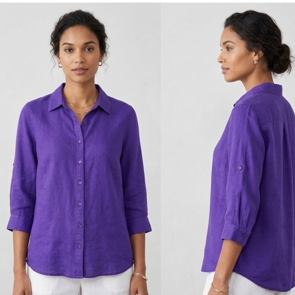 Coldwater Creek Linen Shirt Large 14 Purple 3/4 Sleeve Button Up Blouse Top‎